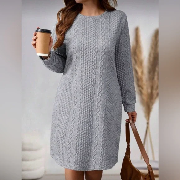 SHEIN Gray Long Sleeve Cable Knit Dress - Picture 1 of 6